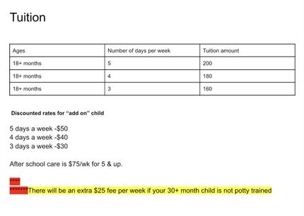 Drop in care is $50 a day. There is a $25 up charge for children 30months and older who are not potty trained.